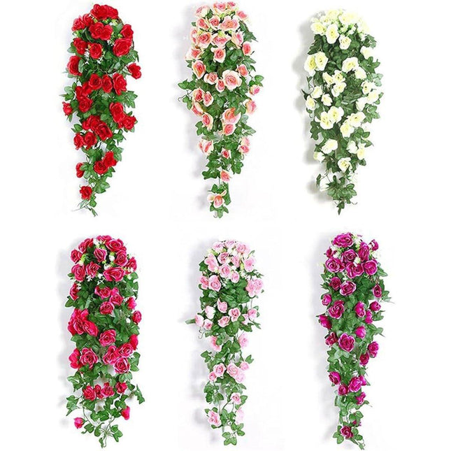 2PCS Artificial Rose Flower Garland Hanging Vine Home Wall Decor Fake Rattan - Red.