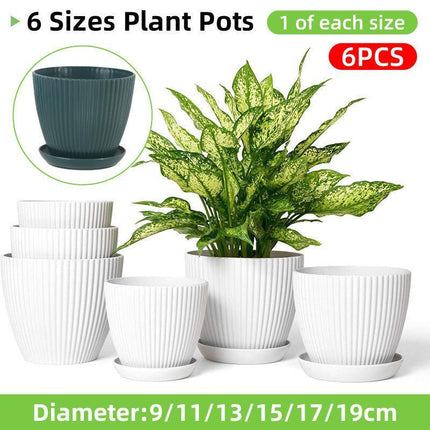 6PCS Simple Plastic Round Plant Pots Vertical Stripes Flower Pot Green Gardening - White.