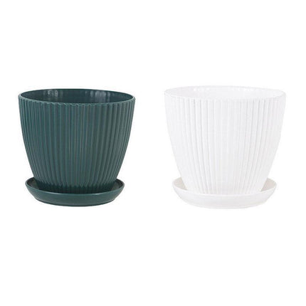 6PCS Simple Plastic Round Plant Pots Vertical Stripes Flower Pot Green Gardening - White.