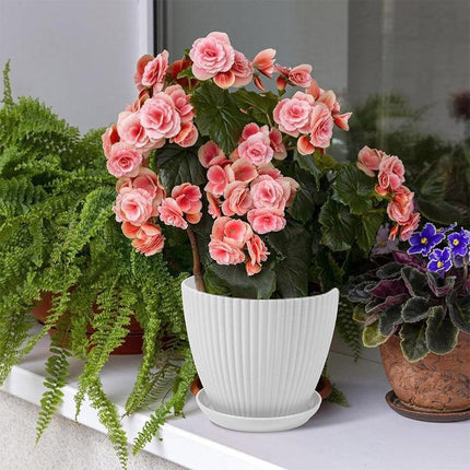 6PCS Simple Plastic Round Plant Pots Vertical Stripes Flower Pot Green Gardening - White.