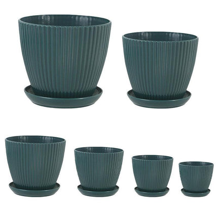 6PCS Simple Plastic Round Plant Pots Vertical Stripes Flower Pot Green Gardening - White.