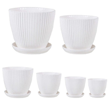 6PCS Simple Plastic Round Plant Pots Vertical Stripes Flower Pot Green Gardening - White.