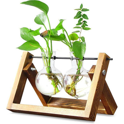 Wood Stand Glass Vase Terrarium Hydroponic Hanging Planter Home Decor - S With 1 Bottle.