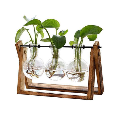 Wood Stand Glass Vase Terrarium Hydroponic Hanging Planter Home Decor - S With 1 Bottle.