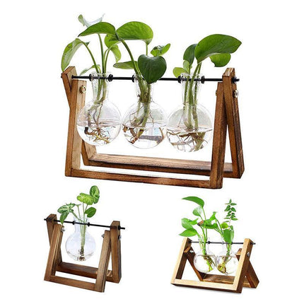 Wood Stand Glass Vase Terrarium Hydroponic Hanging Planter Home Decor - M With 2 Bottles.
