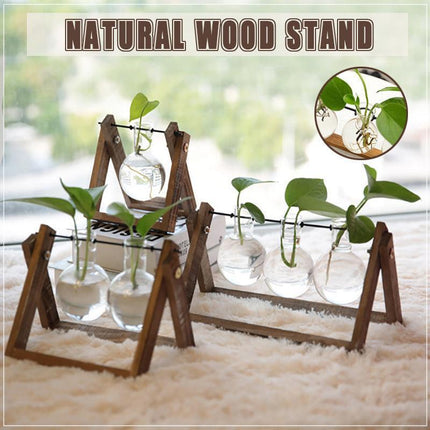 Wood Stand Glass Vase Terrarium Hydroponic Hanging Planter Home Decor - L With 3 Bottles.