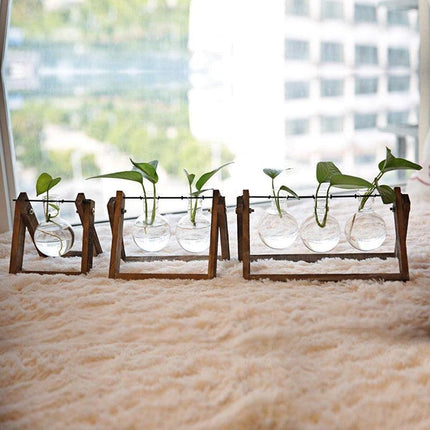 Wood Stand Glass Vase Terrarium Hydroponic Hanging Planter Home Decor - L With 3 Bottles.
