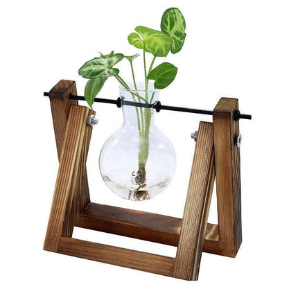 Wood Stand Glass Vase Terrarium Hydroponic Hanging Planter Home Decor - L With 3 Bottles.