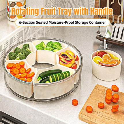 Six Compartment Rotary Fruit Plate Portable Round Snack Box with Lid for Home.