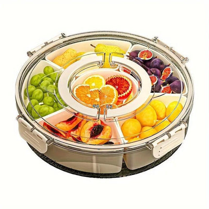 Six Compartment Rotary Fruit Plate Portable Round Snack Box with Lid for Home.