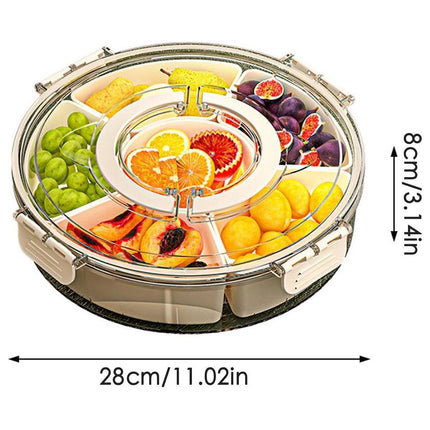 Six Compartment Rotary Fruit Plate Portable Round Snack Box with Lid for Home.