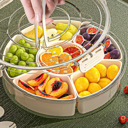 Six Compartment Rotary Fruit Plate Portable Round Snack Box with Lid for Home.