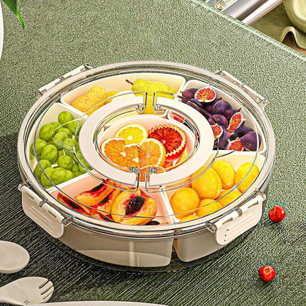 Six Compartment Rotary Fruit Plate Portable Round Snack Box with Lid for Home.