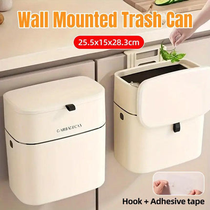 Wall Mounted Hanging Waste Bin with Lid Household Cabinet Trash Can Cream White.