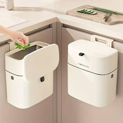 Wall Mounted Hanging Waste Bin with Lid Household Cabinet Trash Can Cream White.