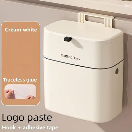 Wall Mounted Hanging Waste Bin with Lid Household Cabinet Trash Can Cream White.