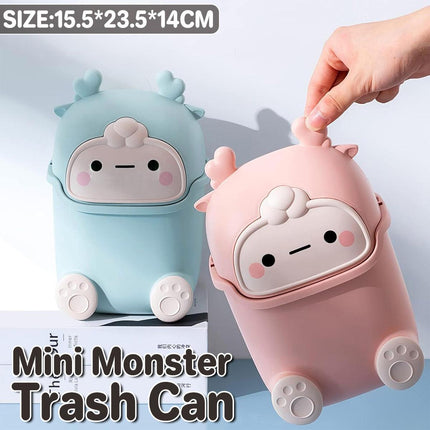 Mini Monster Trash Can Desktop Flip Top Garbage Bin Small Plastic Waste Basket - Light Blue.