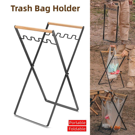 Outdoor Portable Wooden Folding Garbage Rack Picnic Barbecue Plastic Bag Holder.
