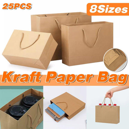 25pcs Paper Gift Bags Handbag Kraft Paper BagsParty Favors Wedding Packaging - 14x21x7.5cm.