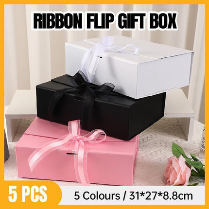 Elegant Ribbon Flip Folding Gift Boxes Multiple Colors High-Quality Cardboard - Orange.