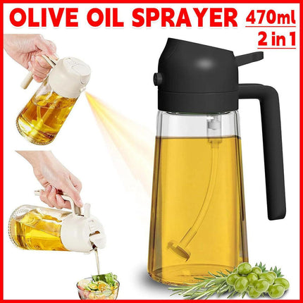 2-in-1 470ml Glass Oil Bottle Spray Pour Automatic Pressure Control Kitchen Tool - Beige.