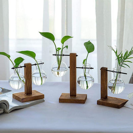 Wooden Stand Glass Flower Vase Hydroponic Hanging Plant Terrarium Container - A.