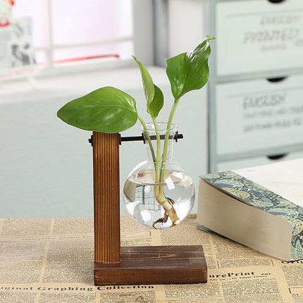 Wooden Stand Glass Flower Vase Hydroponic Hanging Plant Terrarium Container - A.