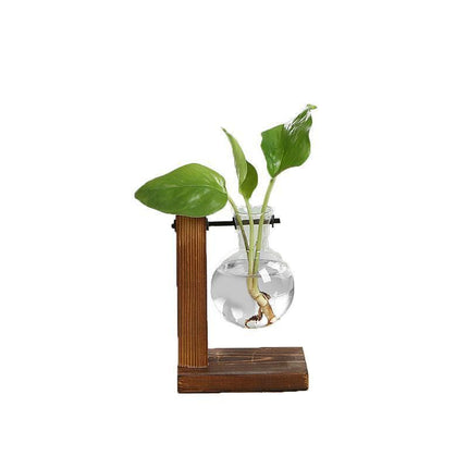 Wooden Stand Glass Flower Vase Hydroponic Hanging Plant Terrarium Container - A.