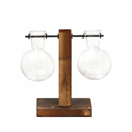 Wooden Stand Glass Flower Vase Hydroponic Hanging Plant Terrarium Container - A.