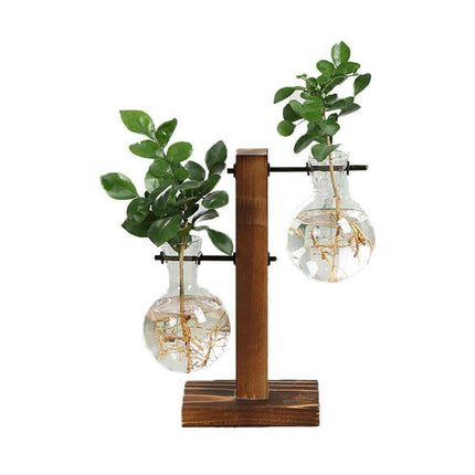 Wooden Stand Glass Flower Vase Hydroponic Hanging Plant Terrarium Container - A.