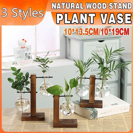 Wooden Stand Glass Flower Vase Hydroponic Hanging Plant Terrarium Container - B.