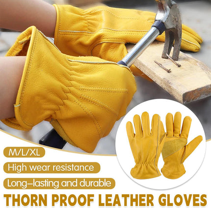 Golden Yellow Cowhide Work Gloves Full Finger Gardening DIY Home Maintenance Use - L.