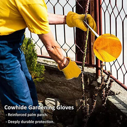 Golden Yellow Cowhide Work Gloves Full Finger Gardening DIY Home Maintenance Use - L.