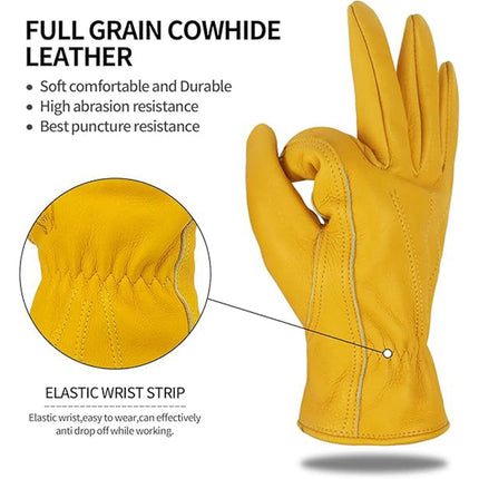 Golden Yellow Cowhide Work Gloves Full Finger Gardening DIY Home Maintenance Use - L.