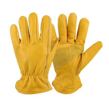 Golden Yellow Cowhide Work Gloves Full Finger Gardening DIY Home Maintenance Use - L.