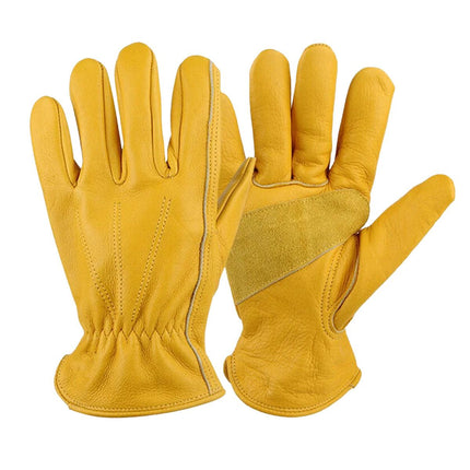 Golden Yellow Cowhide Work Gloves Full Finger Gardening DIY Home Maintenance Use - L.