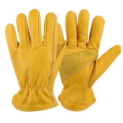 Golden Yellow Cowhide Work Gloves Full Finger Gardening DIY Home Maintenance Use - L.