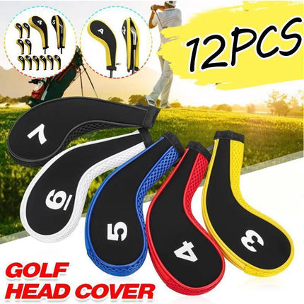 12Pcs Golf Head Cover Iron Putter Driver Headcover Protective Set Club Covers - Black.