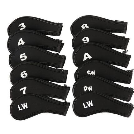 12Pcs Golf Head Cover Iron Putter Driver Headcover Protective Set Club Covers - Black.