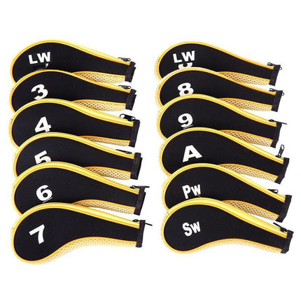 12Pcs Golf Head Cover Iron Putter Driver Headcover Protective Set Club Covers - Black.