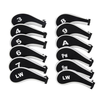 12Pcs Golf Head Cover Iron Putter Driver Headcover Protective Set Club Covers - Black.