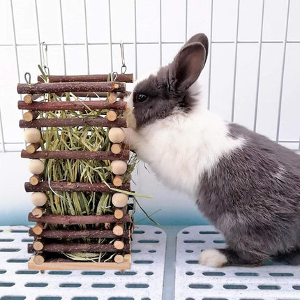 Rabbit Hay Feeder Rack Apple Wood Grass Holder Natural Food Rack Small Pet.