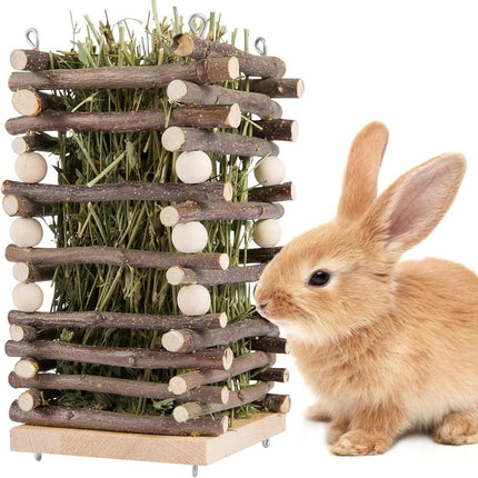 Rabbit Hay Feeder Rack Apple Wood Grass Holder Natural Food Rack Small Pet.