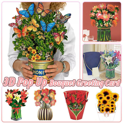 New Style 3D Pop Up Cards Paper Flower Bouquet Greeting Card for All Occasions - Greenish Lily Flower.