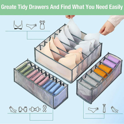 Foldable Drawer Organizer Divider Bra Sock Underwear Storage Closet Wardrobe - Grey with 7 Boxes.