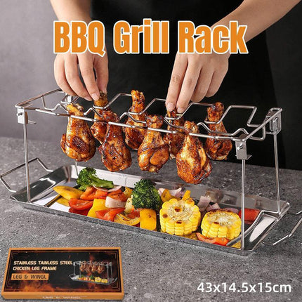 Foldable Stainless Steel Barbecue Grill Rack for Chicken Legs Outdoor Cooking.