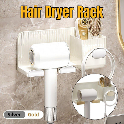 Hair Dryer Holder Rack Plastic Wall Mount No Drill Bathroom Organizer Storage - Gold.