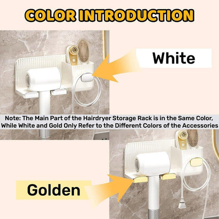 Hair Dryer Holder Rack Plastic Wall Mount No Drill Bathroom Organizer Storage - Gold.