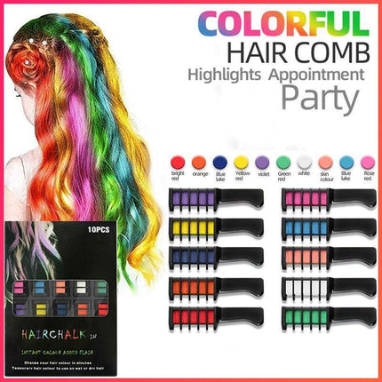 10 Colours Hair Chalk Comb Kit Temporary Hair Dye for Parties and Creative Play.