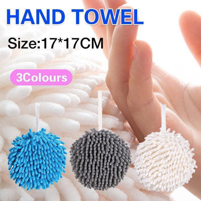 Chenille Hanging Ball Towel for Kitchen Bathroom Hand Drying Absorbent Cloth - White.